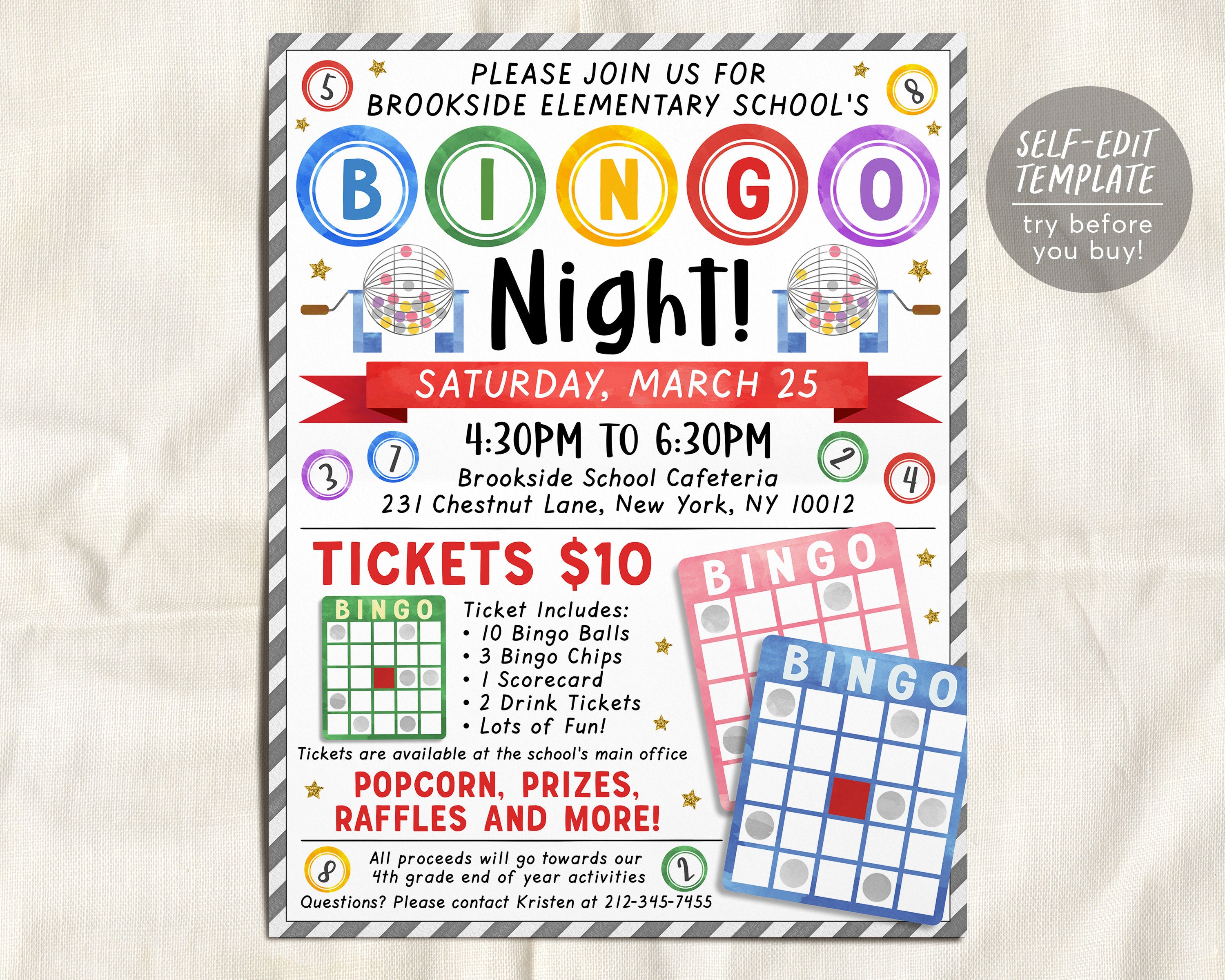 Bingo Night Fundraiser Flyer Editable Template, Bingo Flyer Game Night