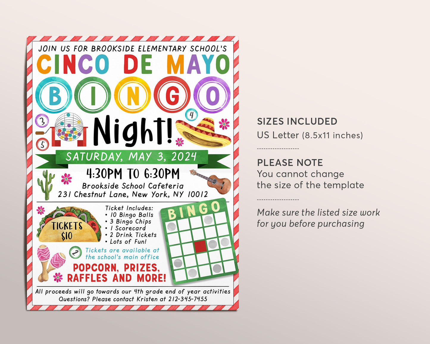 Cinco De Mayo Bingo Night Fundraiser Flyer Editable Template, Fiesta Mexican Bingo Flyer Fundraising Event, PTA PTO School Family Community