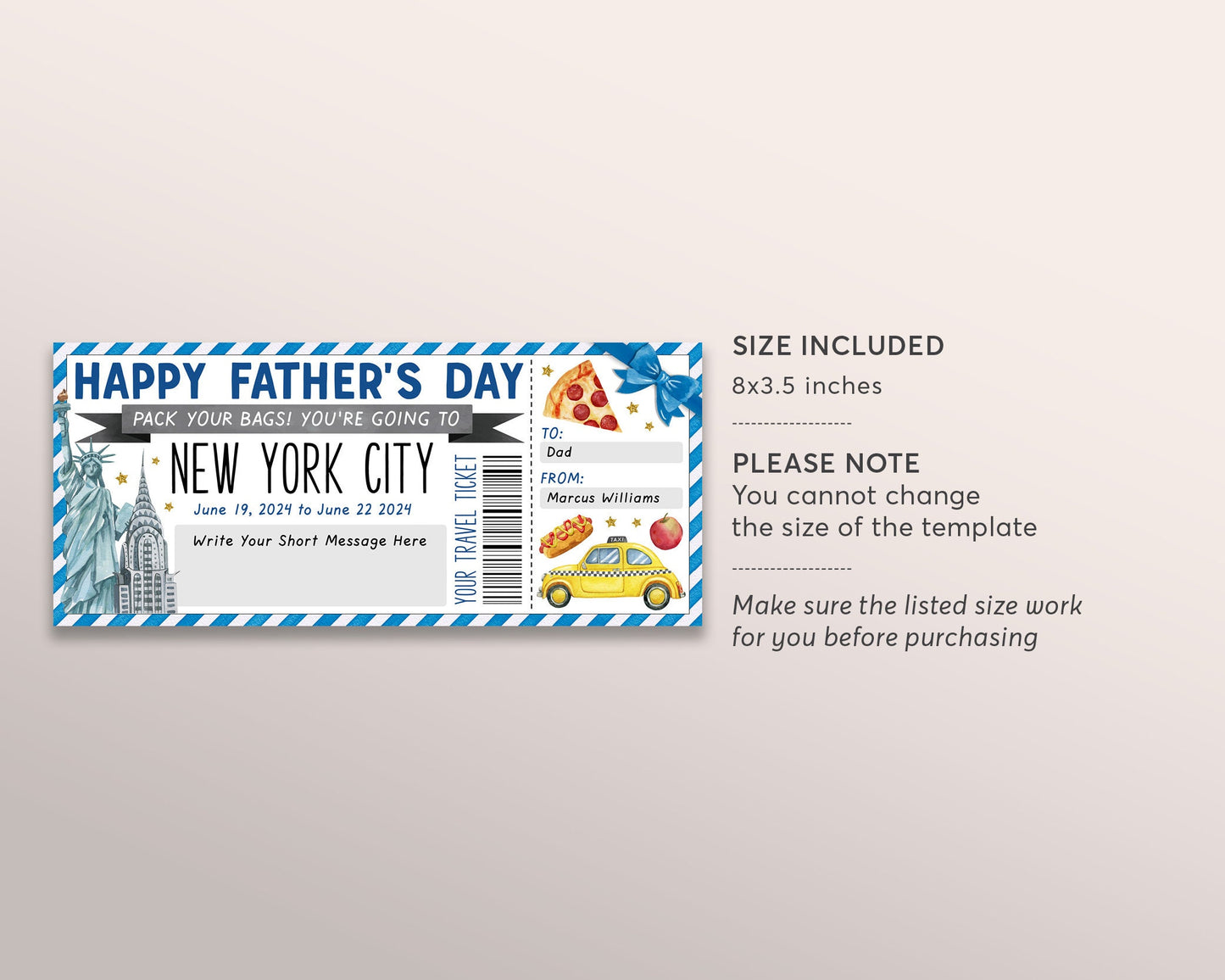 Fathers Day New York City Trip Ticket Editable Template, Surprise Travel Vacation Gift Certificate For Dad, NYC Trip Reveal, Pack Your Bags
