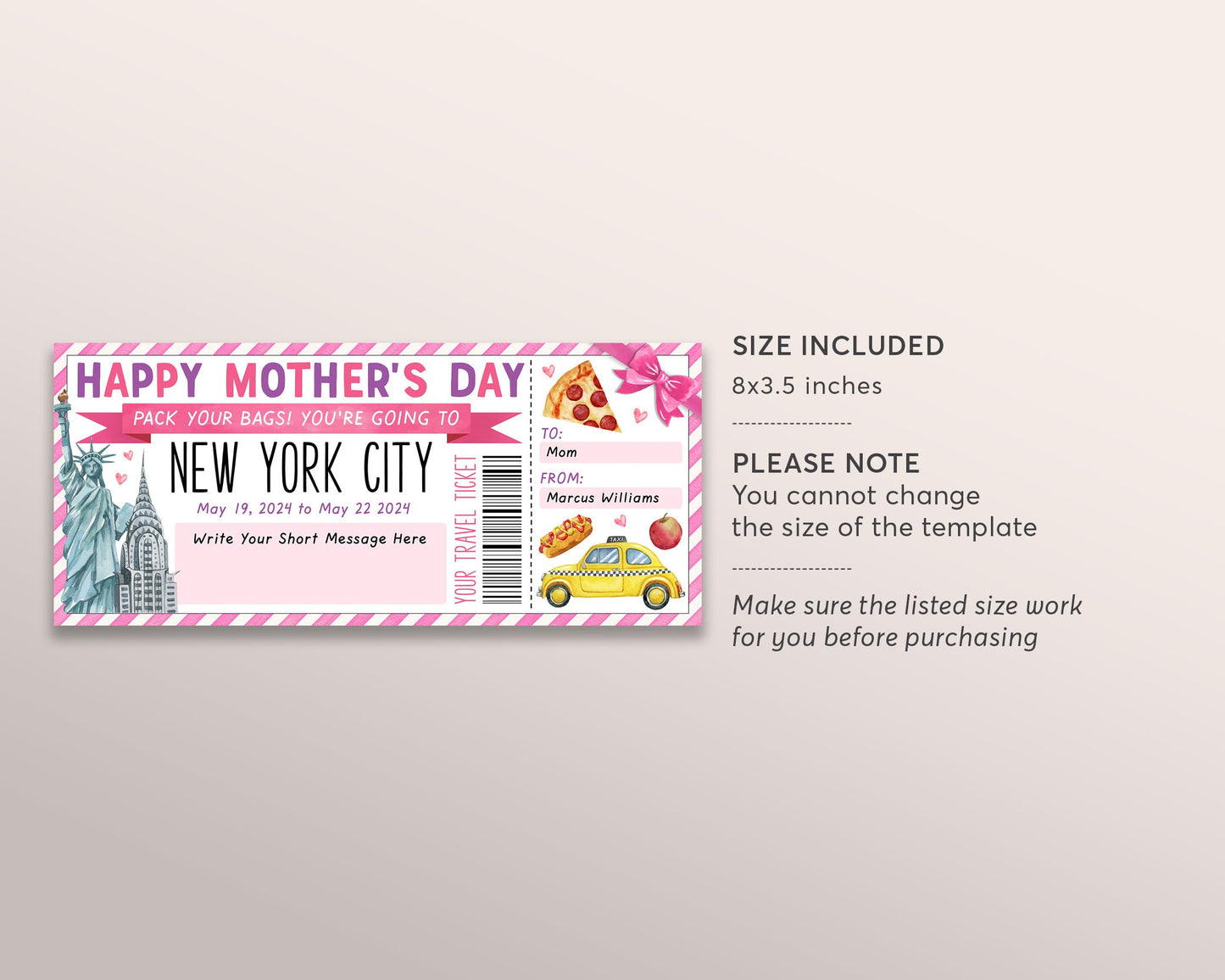 Mothers Day New York City Trip Ticket Editable Template, Surprise Travel Vacation Gift Certificate For Mom, NYC Trip Reveal, Pack Your Bags