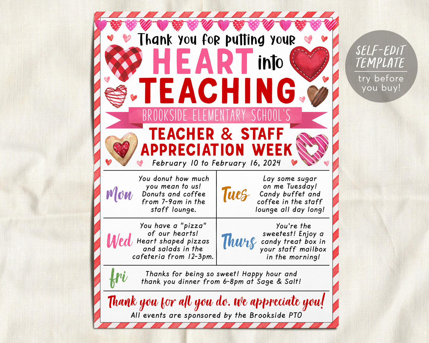 Valentine's Day Teacher Staff Appreciation Week Itinerary Flyer Editable Template