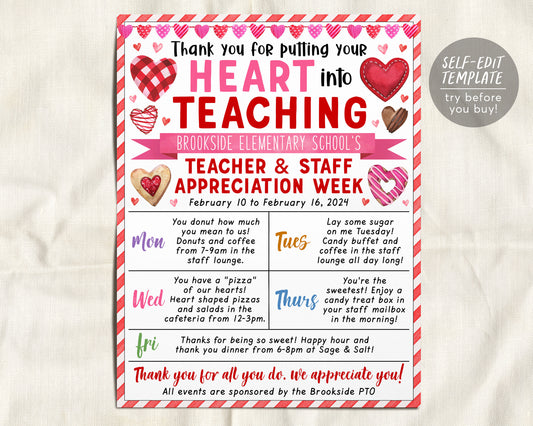Valentine&#39;s Day Teacher Staff Appreciation Week Itinerary Flyer Editable Template