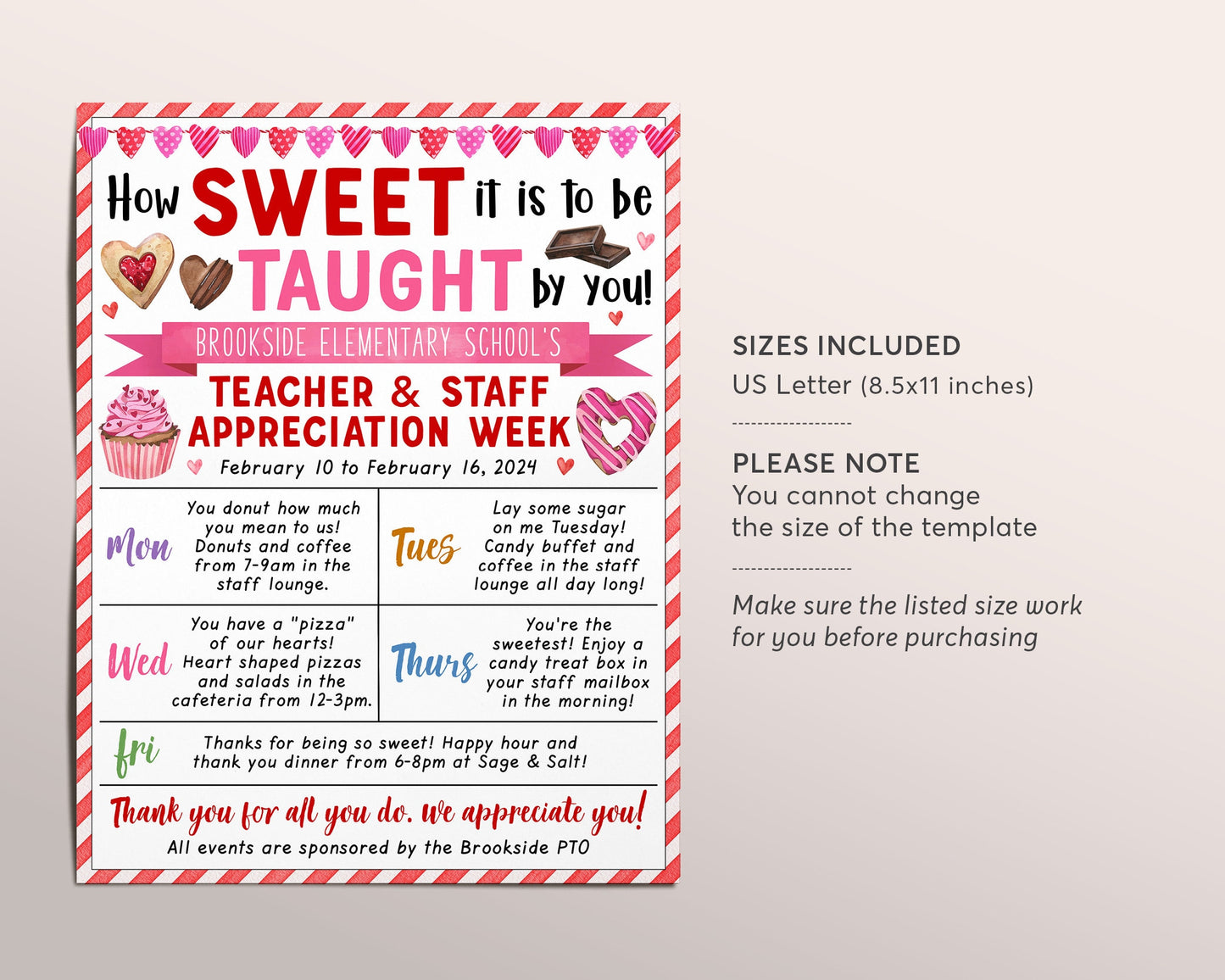 Valentine's Day Teacher Staff Appreciation Week Itinerary Flyer Editable Template, Sweet Candy Dessert Theme Schedule Newsletter PTO PTA