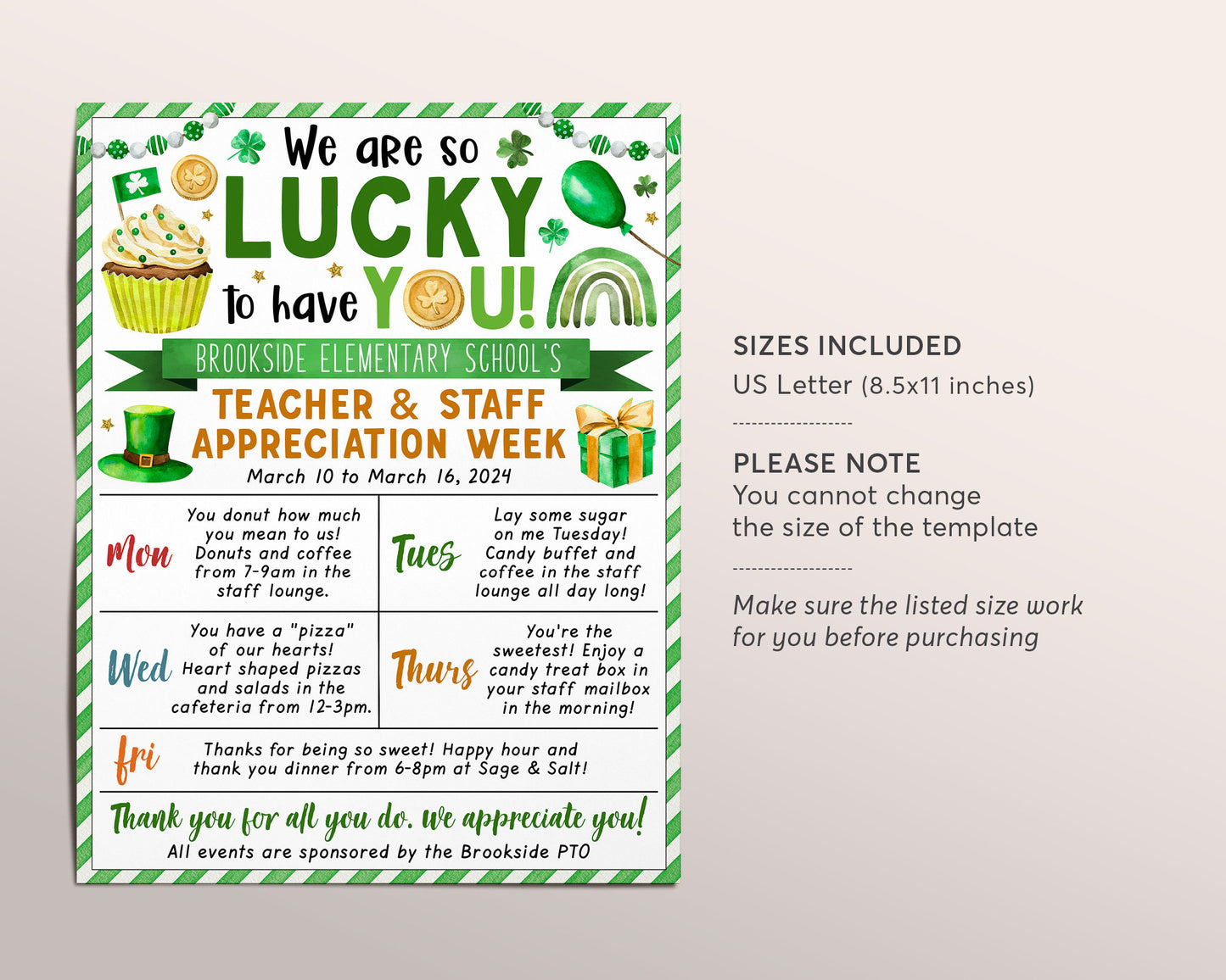 St Patrick's Teacher Staff Appreciation Week Itinerary Flyer Editable Template, Saint Pattys Lucky To Have You Theme Schedule PTO PTA