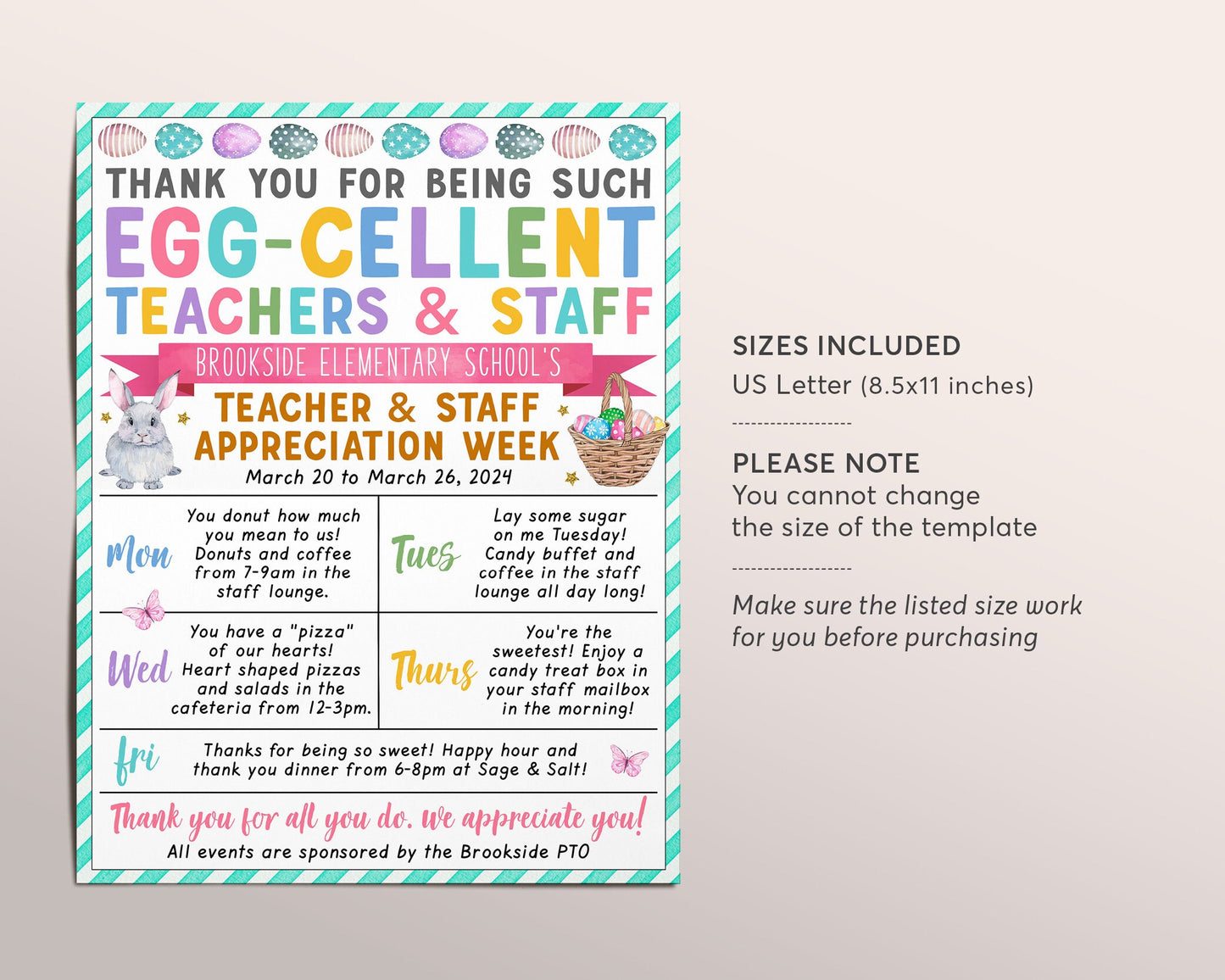 Easter Theme Teacher Staff Appreciation Week Itinerary Flyer Editable Template, Egg-cellent Spring Theme Schedule Newsletter Poster PTO PTA