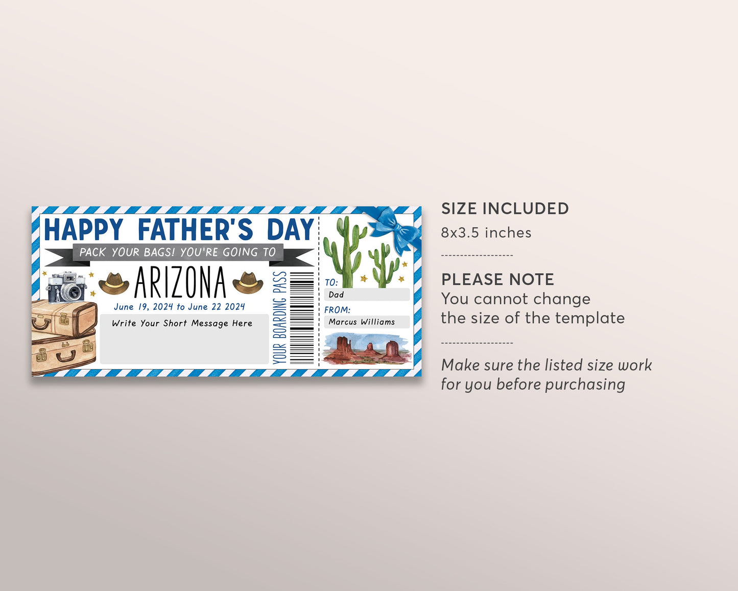 Fathers Day Arizona Trip Ticket Boarding Pass Editable Template, Surprise Travel Airline Gift Certificate Trip Reveal For Dad, Last Minute