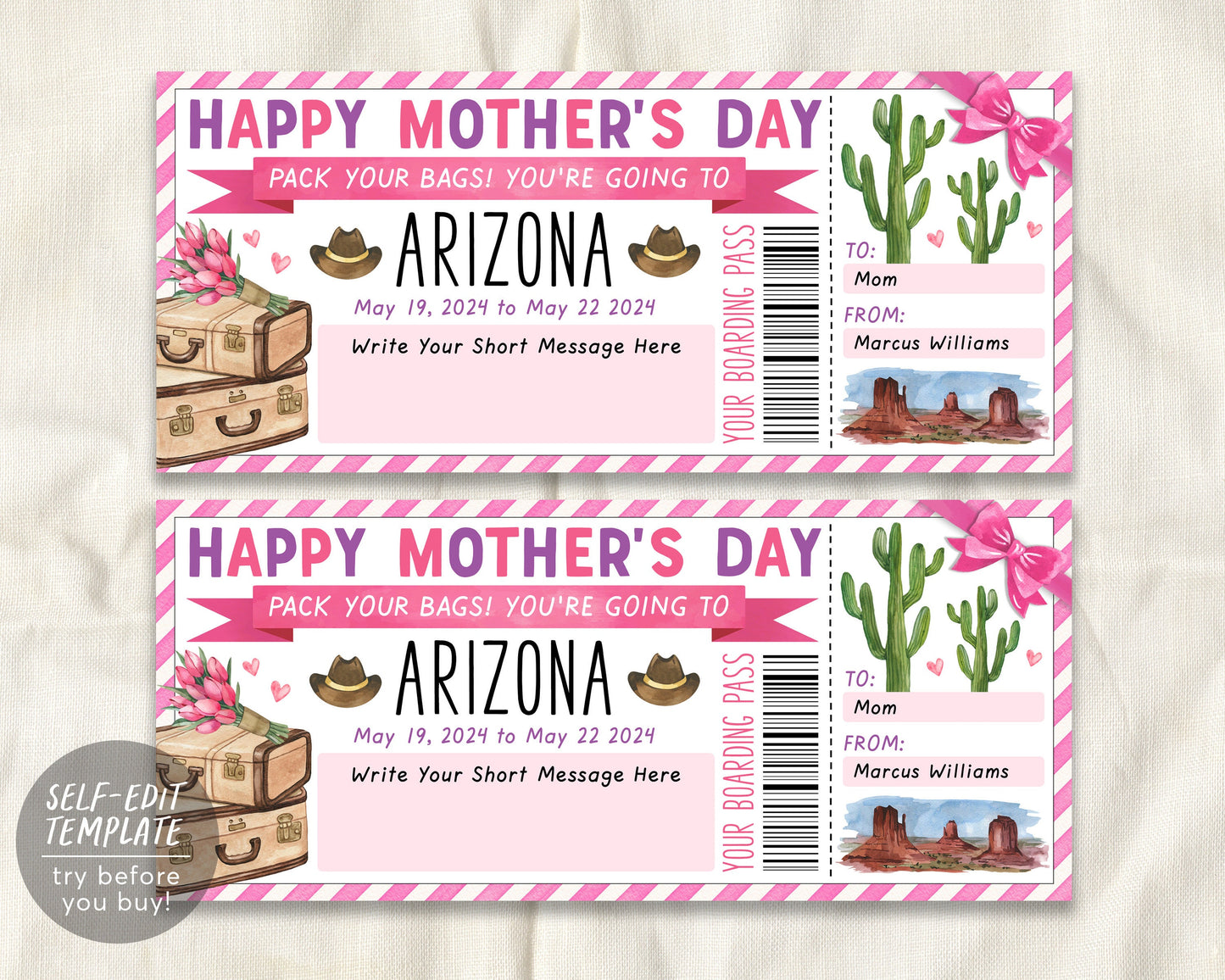Mothers Day Arizona Trip Ticket Boarding Pass Editable Template