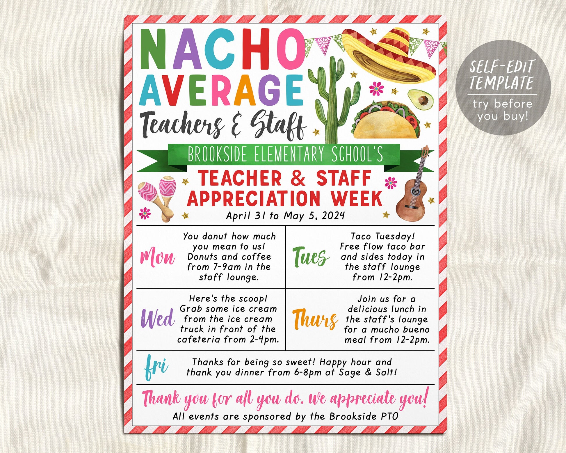 Nacho Average Teacher Appreciation Week Schedule Editable Template