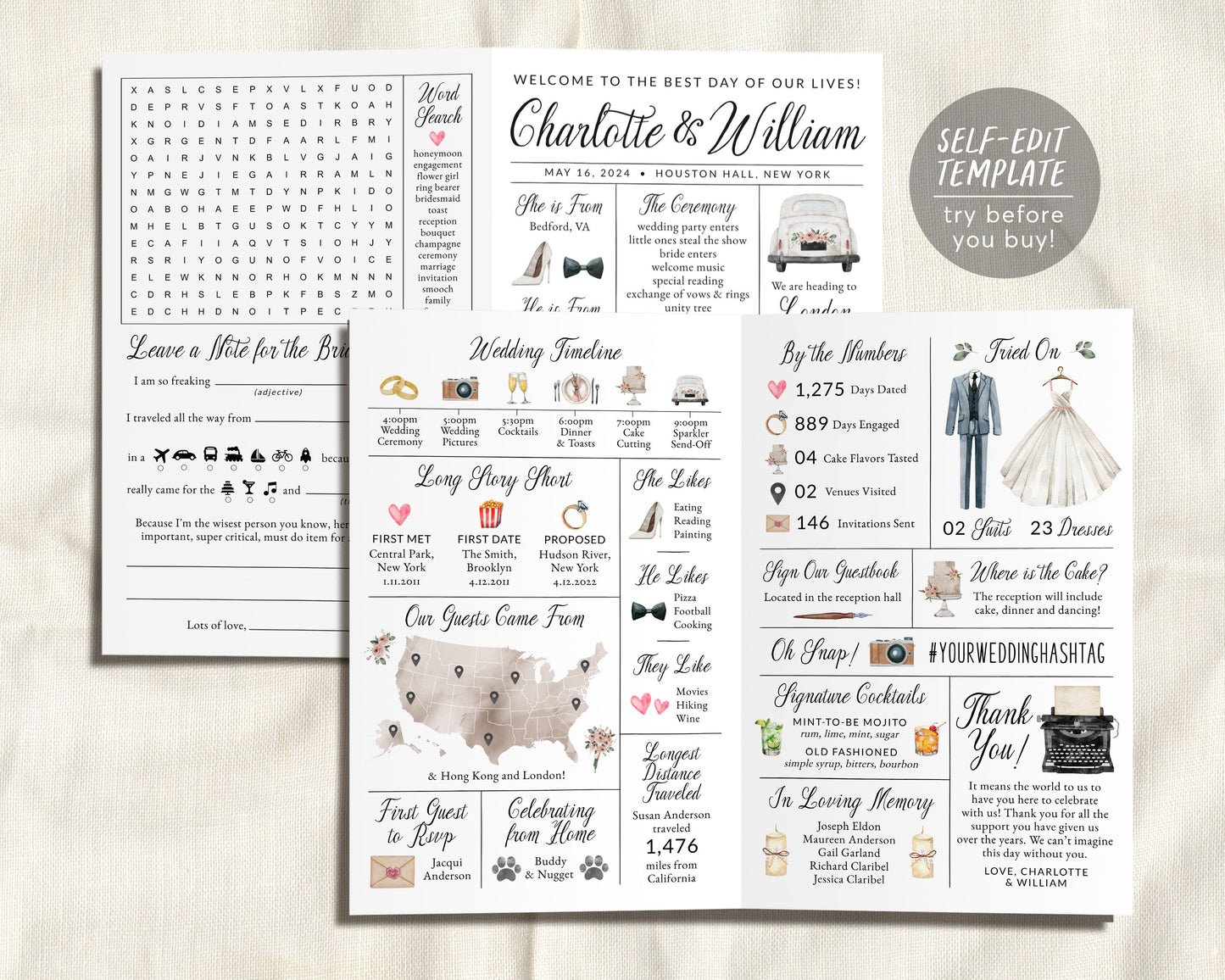 Infographic Wedding Bifold Program Editable Template, Watercolor Wedding Day Timeline Unique Reception Program, Wedding Games Advice Card