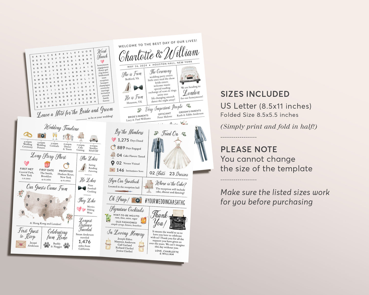 Infographic Wedding Bifold Program Editable Template, Watercolor Wedding Day Timeline Unique Reception Program, Wedding Games Advice Card