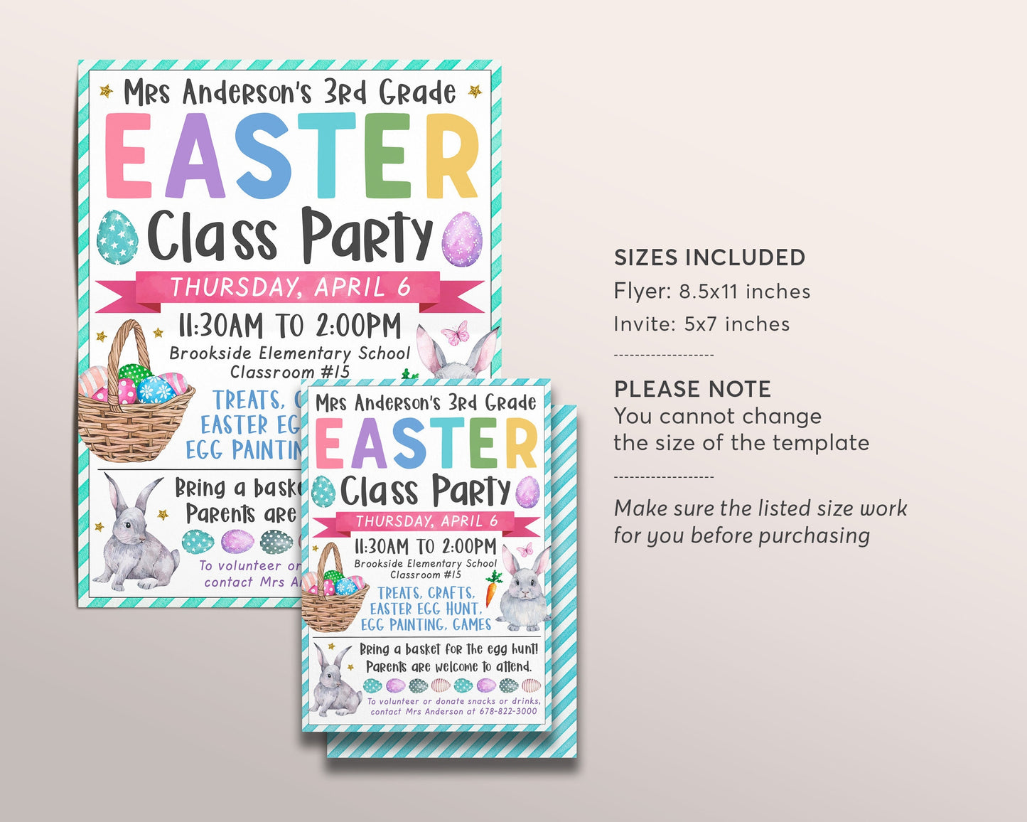 Easter Class Party Invitation Editable Template, Spring Celebration Classroom Flyer Invite, Easter Egg Hunt Egg Decoration Painting School