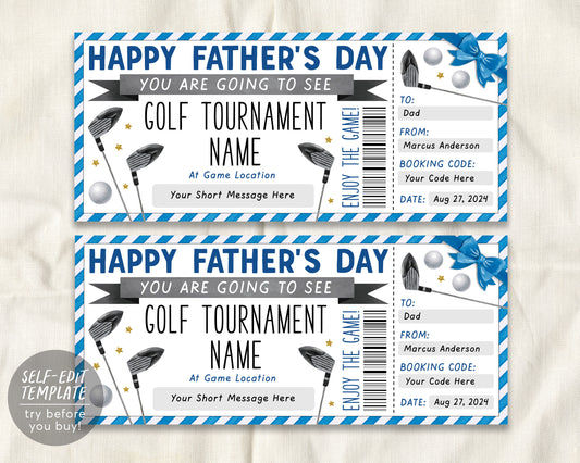 Fathers Day Golf Tournament Gift Ticket Editable Template