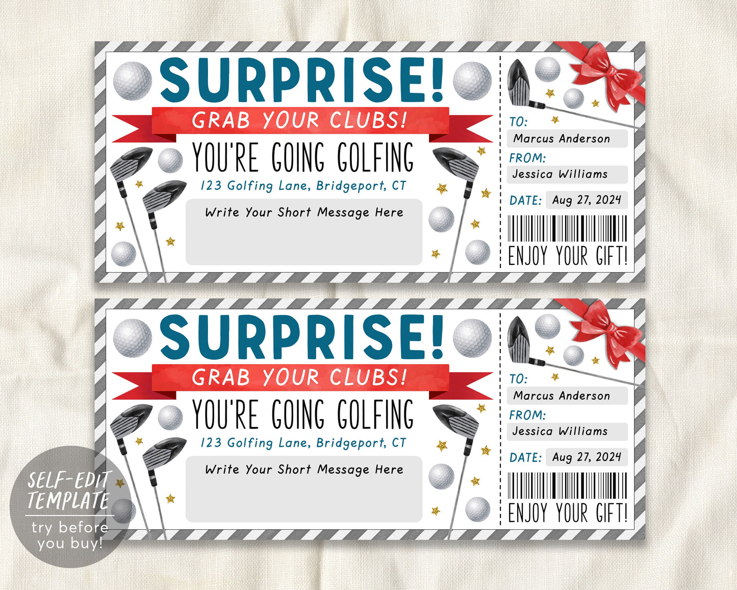 Golf Trip Gift Ticket Editable Template