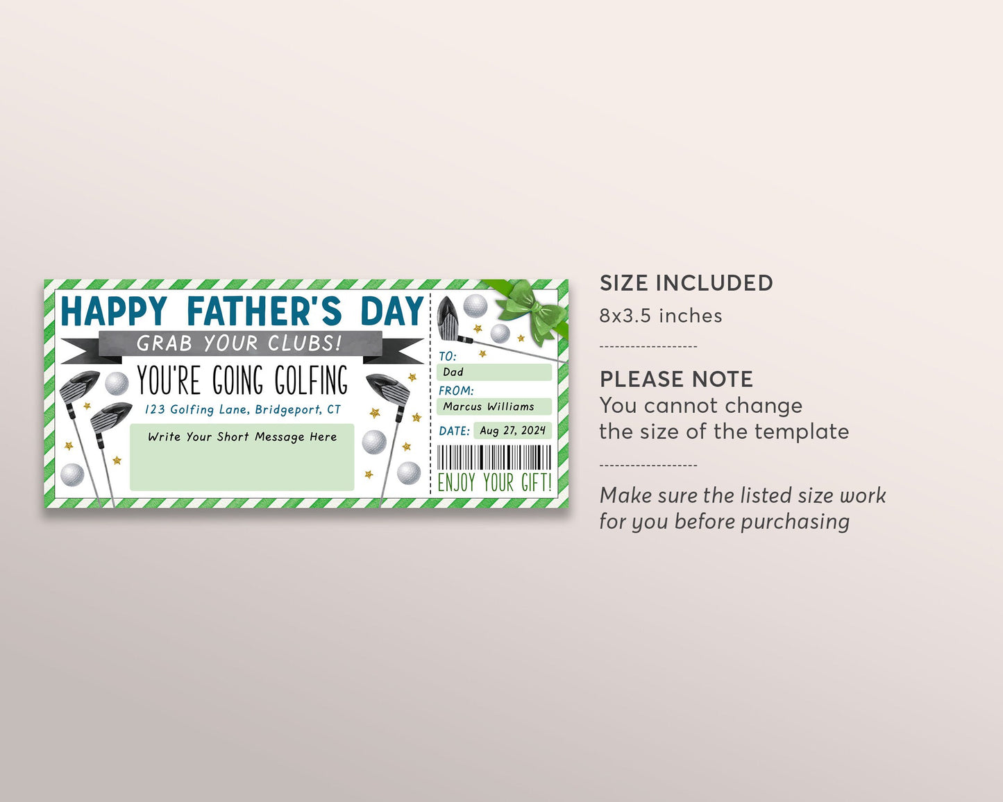 Fathers Day Golf Trip Gift Ticket Editable Template, Surprise Golfing Game Voucher For Dad Husband, Sports Gift Certificate, Golf Tournament