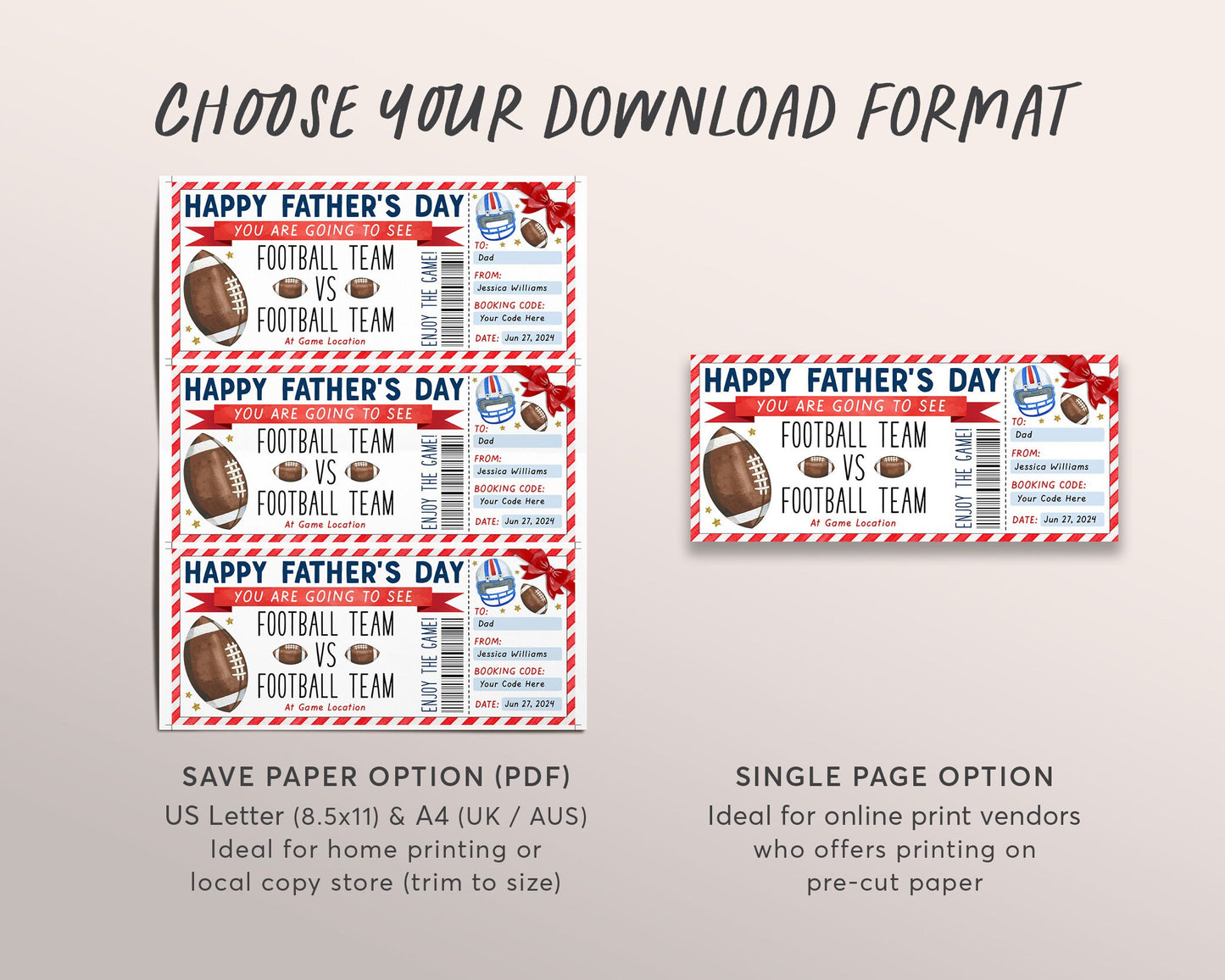 Father's Day Football Game Gift Ticket Editable Template, Sports Game Ticket For Dad, Baseball Lover Stadium Voucher Gift Certificate Coupon