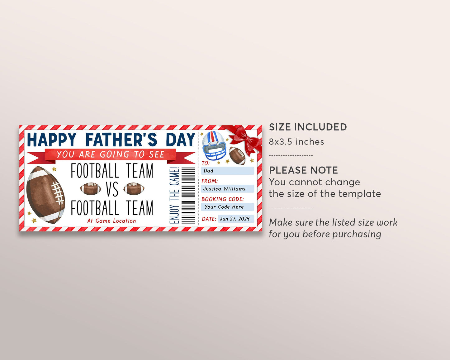 Father's Day Football Game Gift Ticket Editable Template, Sports Game Ticket For Dad, Baseball Lover Stadium Voucher Gift Certificate Coupon