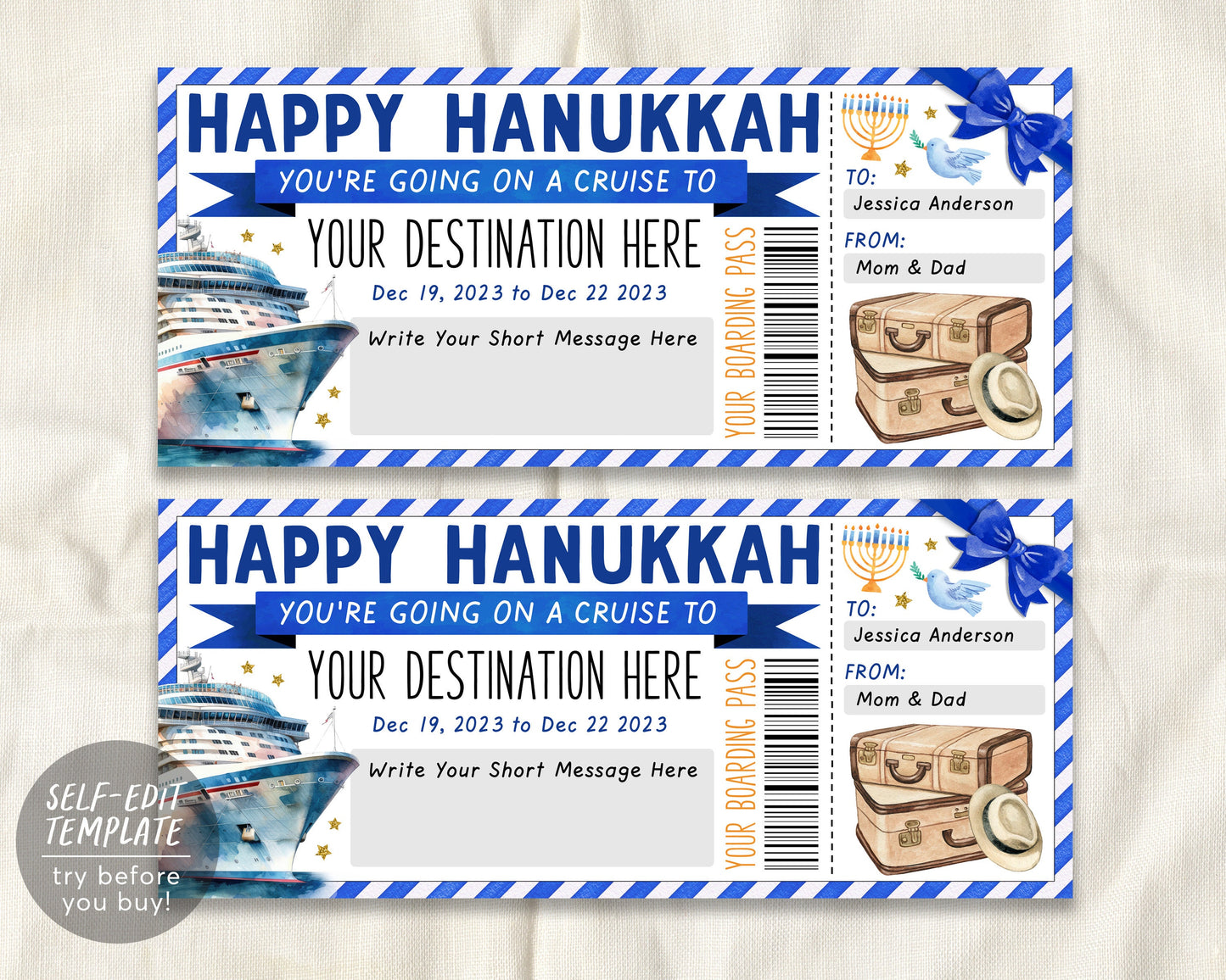 Happy Hanukkah Cruise Boarding Pass Ticket Editable Template