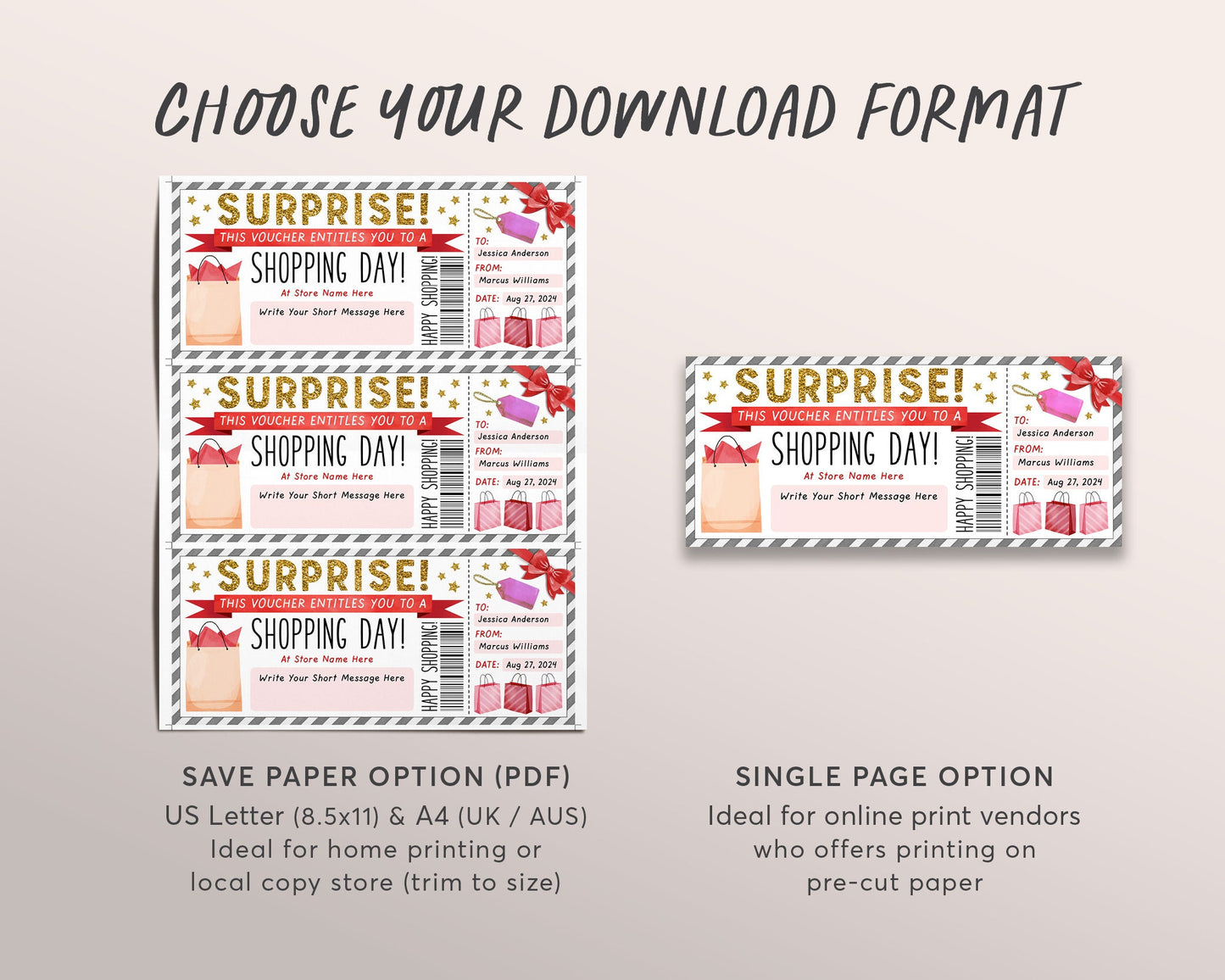 Shopping Spree Gift Certificate Editable Template, Surprise Shopping Day Voucher Ticket, Shopping Trip Girls Day Out Coupon Printable
