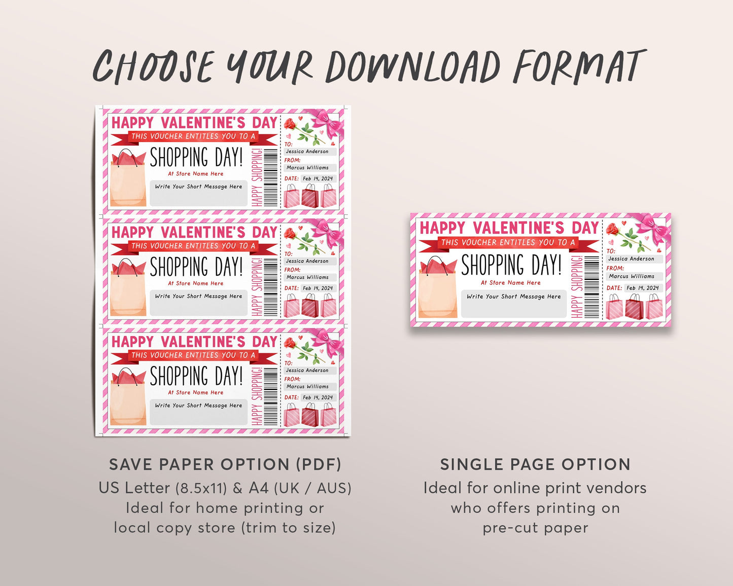 Valentine's Day Shopping Spree Gift Certificate Editable Template, Anniversary Surprise Shopping Day Trip Voucher Ticket For Girlfriend Wife