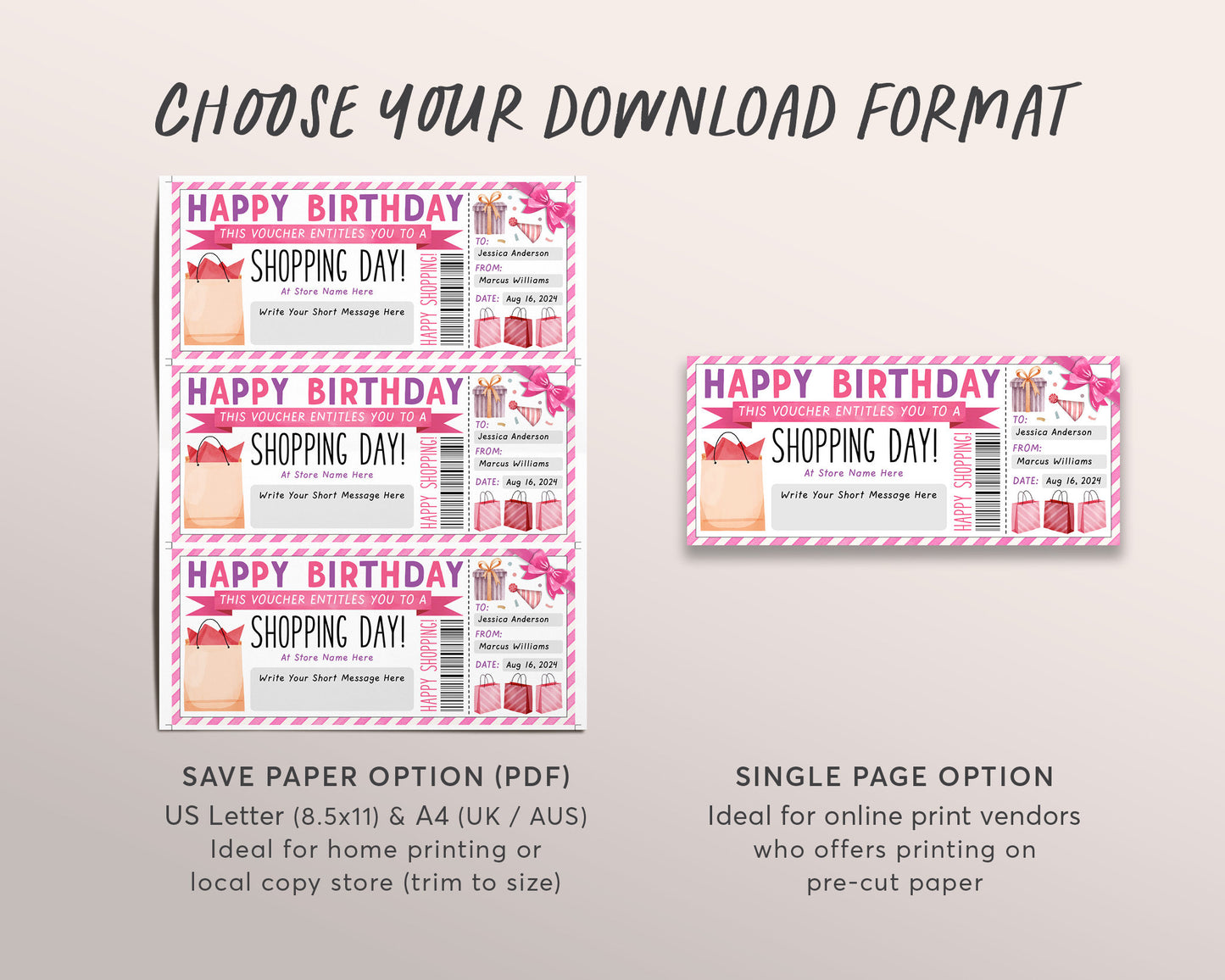 Birthday Shopping Spree Gift Certificate Editable Template, Surprise Shopping Day Trip Voucher Ticket For Girlfriend Wife Mom Printable