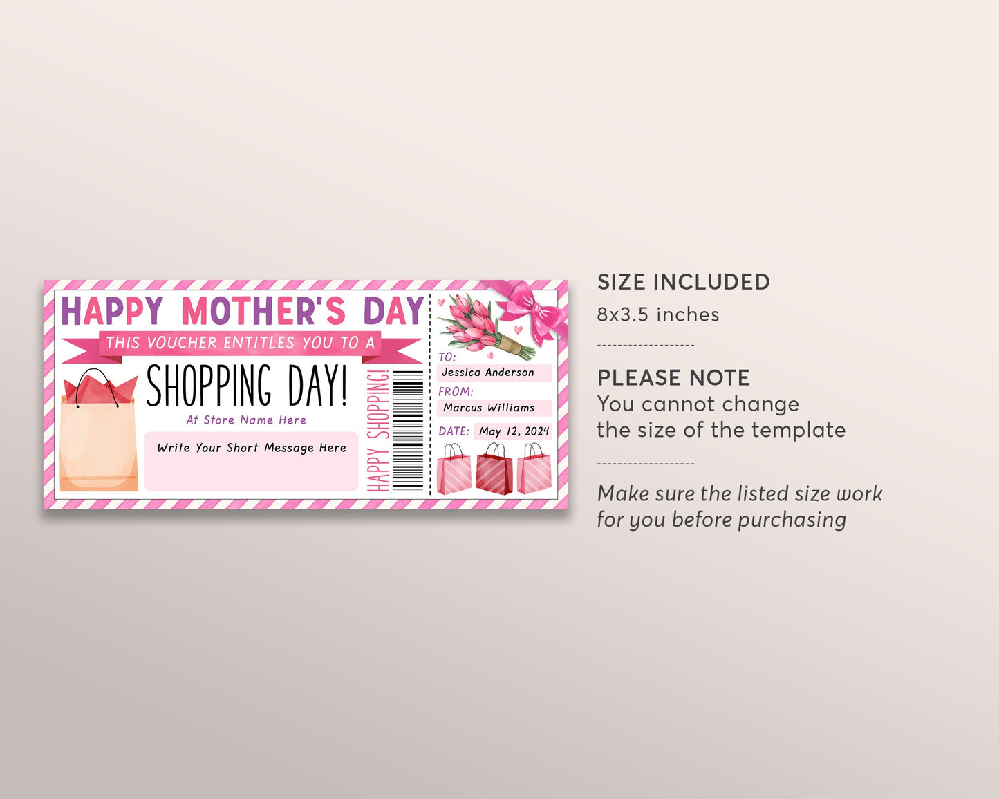 Mothers Day Shopping Spree Gift Certificate Editable Template, Surprise Shopping Day Trip Voucher Ticket For Mom From Daughter Son Ideas