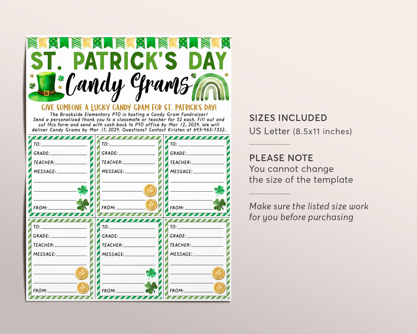 St. Patrick's Day Candy Gram Flyer Editable Template, Saint Patrick's Day Candy Grams Fundraiser Event, Lucky Gram PTA PTO School Nonprofit