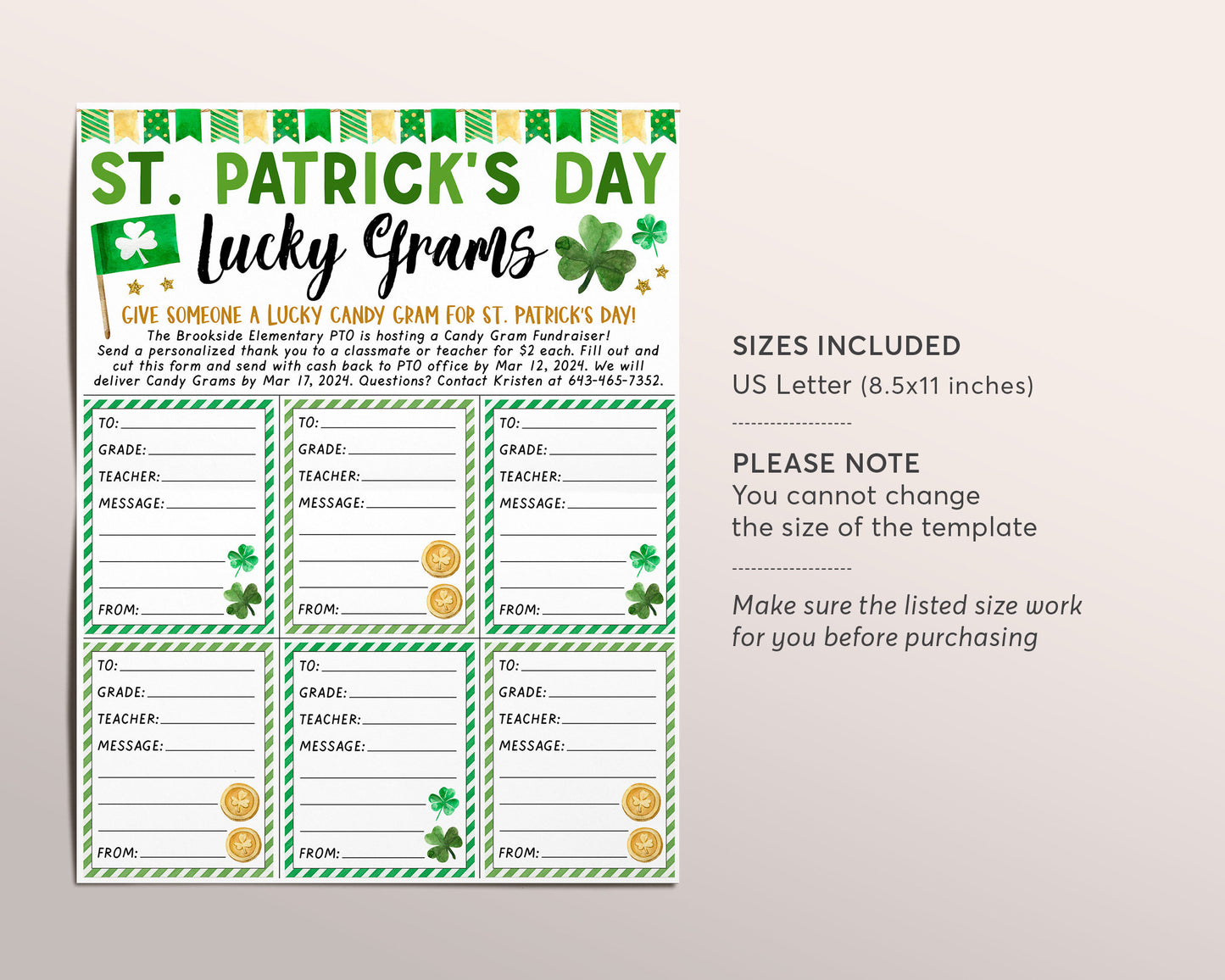 St. Patrick's Day Lucky Gram Flyer Editable Template, Saint Patrick's Day Candy Grams Fundraiser Event, Lucky Gram PTA PTO School Nonprofit