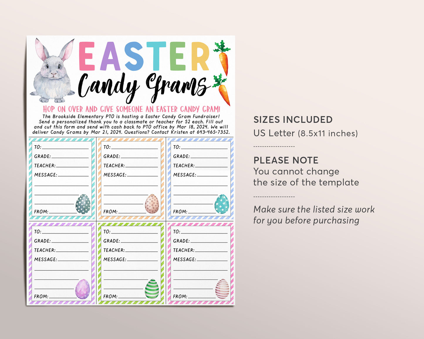 Easter Candy Gram Flyer Editable Template, Easter Bunny Candy Grams Fundraiser Event for kids, Egg Gram PTA PTO School Nonprofit Church
