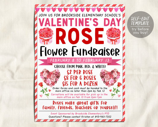 Valentine&#39;s Day Rose Flower Fundraiser Flyer Editable Template