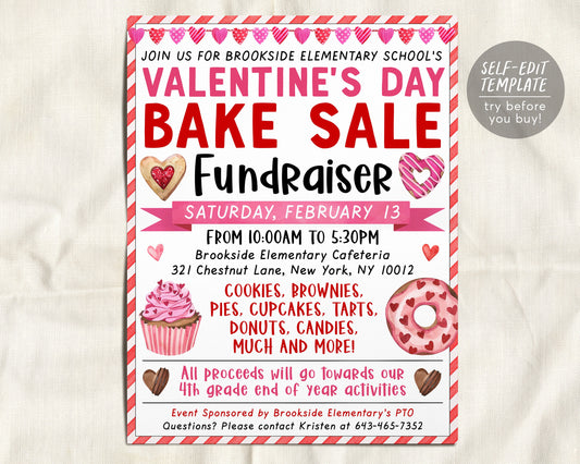 Valentine&#39;s Day Bake Sale Fundraiser Flyer Editable Template