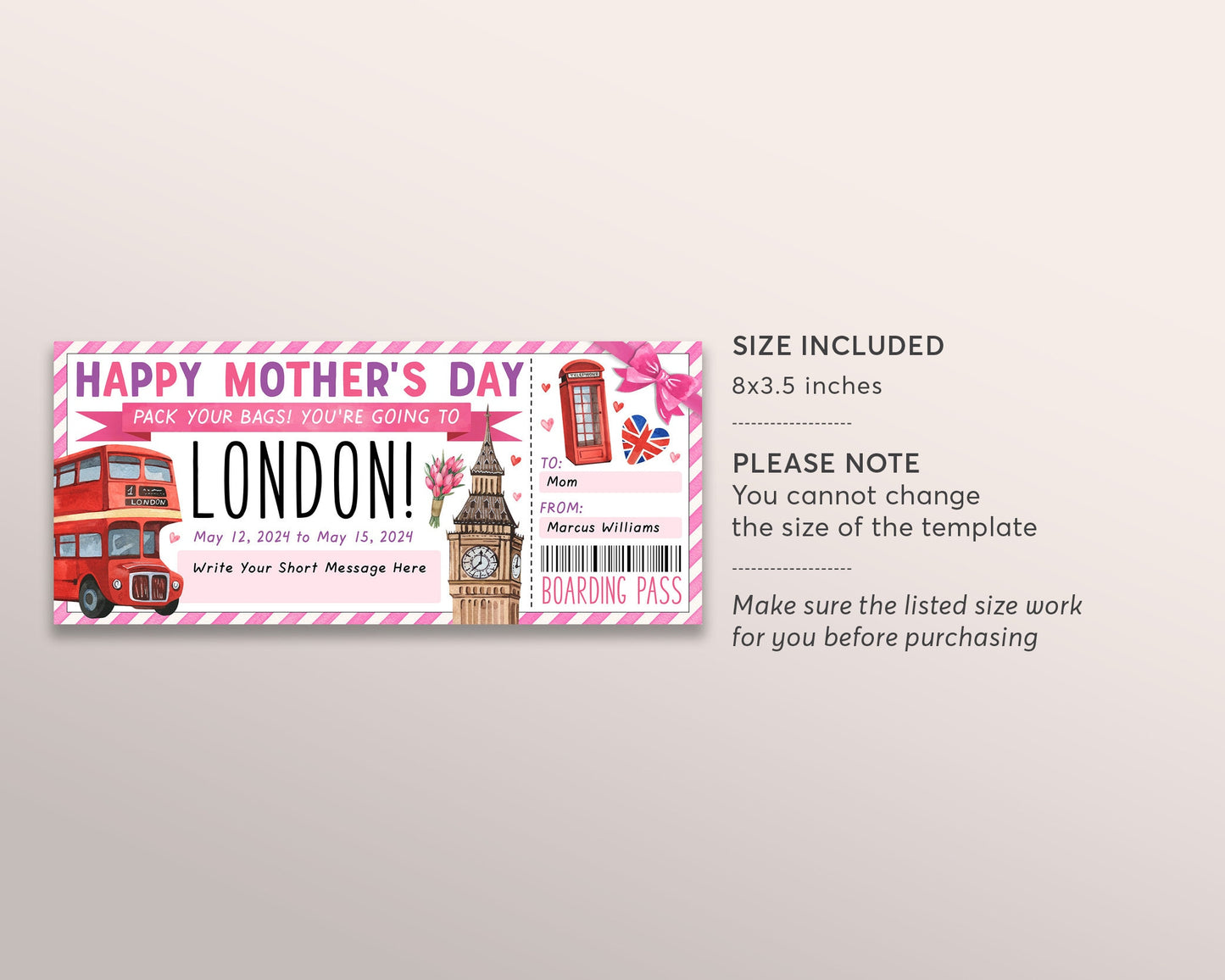 Mothers Day London Gift Ticket Boarding Pass Editable Template, Surprise Travel Vacation Plane Ticket Certificate For Mom England Trip