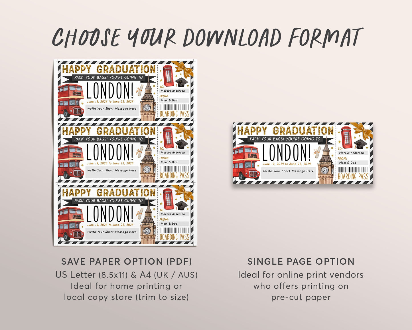 Graduation London Gift Ticket Boarding Pass Editable Template, Surprise England Travel Vacation Plane Ticket Certificate For New Graduate