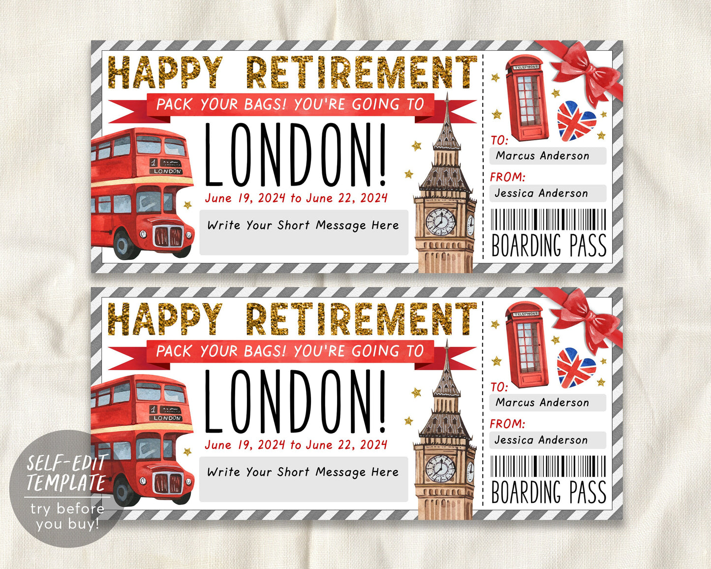 Retirement London Gift Ticket Boarding Pass Editable Template