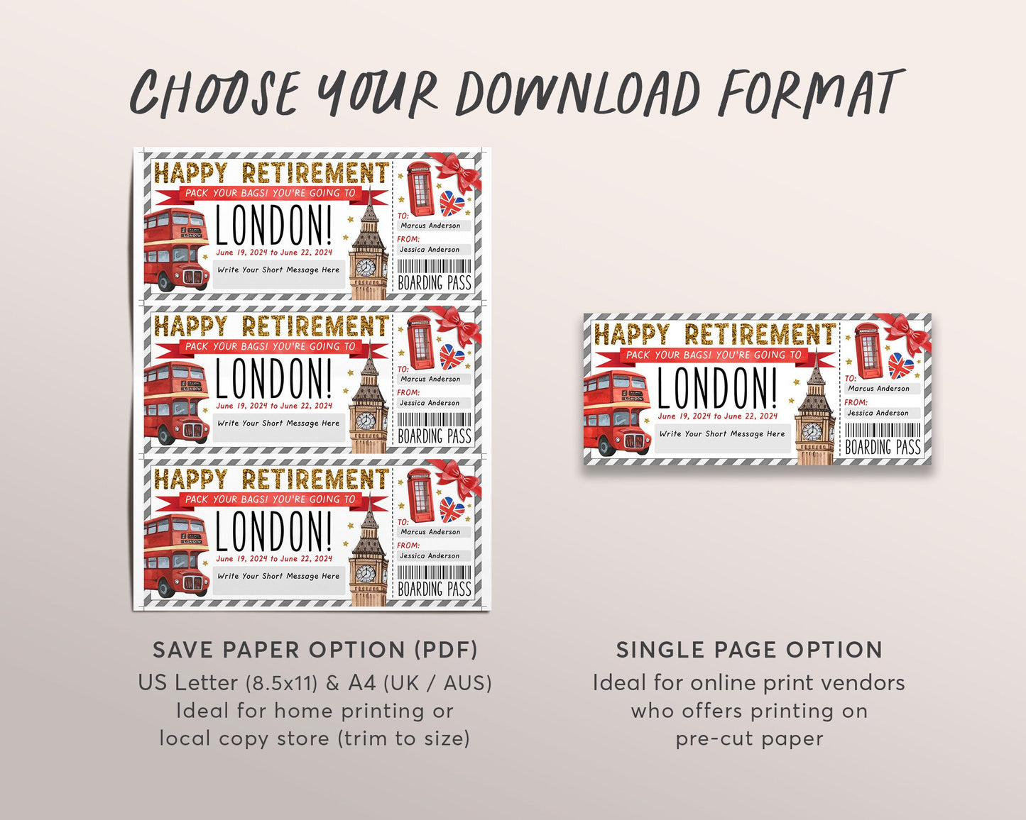 Retirement London Gift Ticket Boarding Pass Editable Template, Surprise England Travel Vacation Plane Ticket Certificate For Retiree
