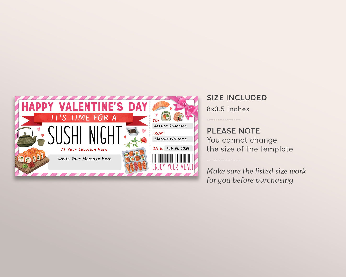 Valentines Day Sushi Night Ticket Voucher Editable Template, Surprise Sushi Date Night Coupon, Japanese Restaurant Omakase Gift Certificate