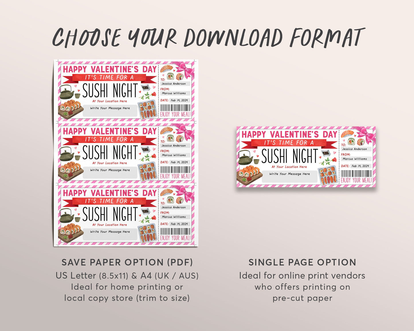 Valentines Day Sushi Night Ticket Voucher Editable Template, Surprise Sushi Date Night Coupon, Japanese Restaurant Omakase Gift Certificate