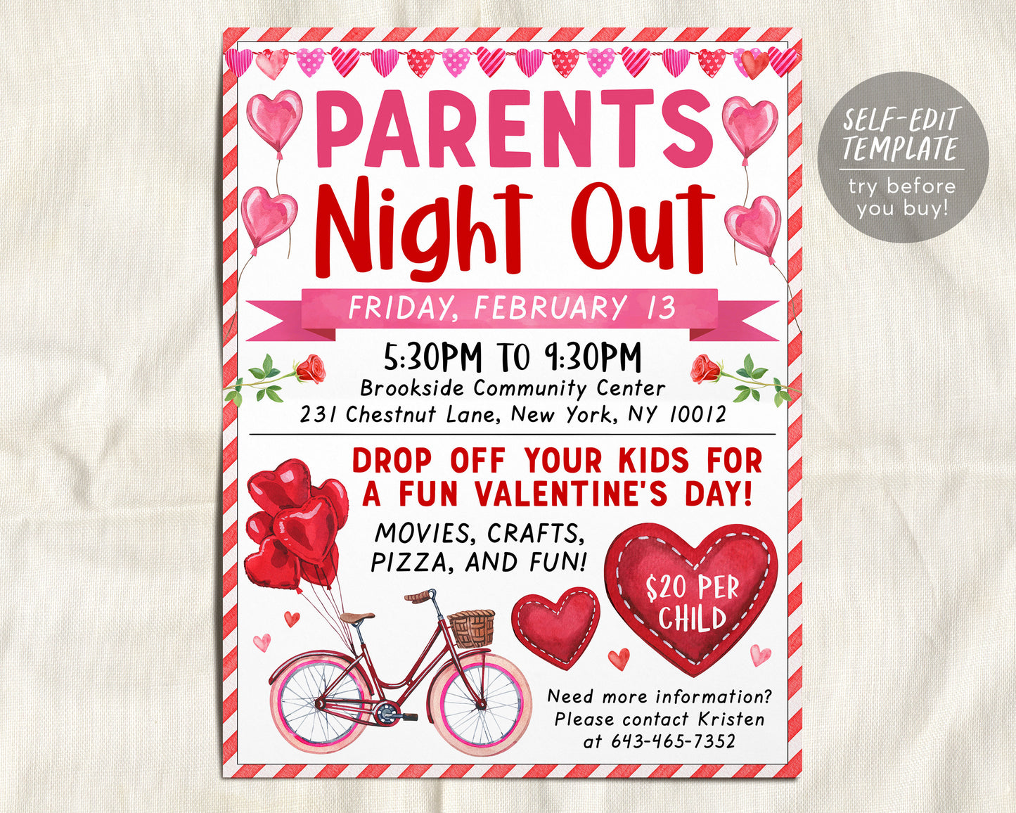 Valentine's Day Parent's Night Out Flyer Editable Template