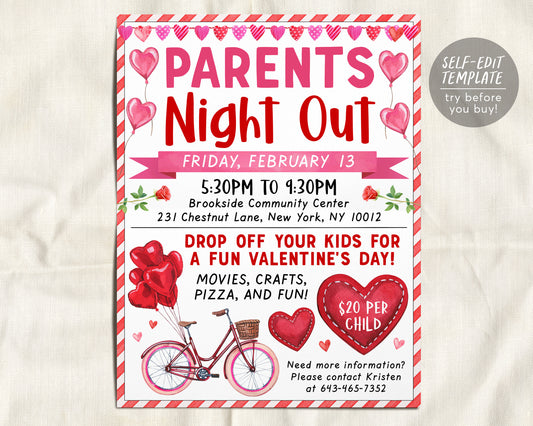Valentine&#39;s Day Parent&#39;s Night Out Flyer Editable Template