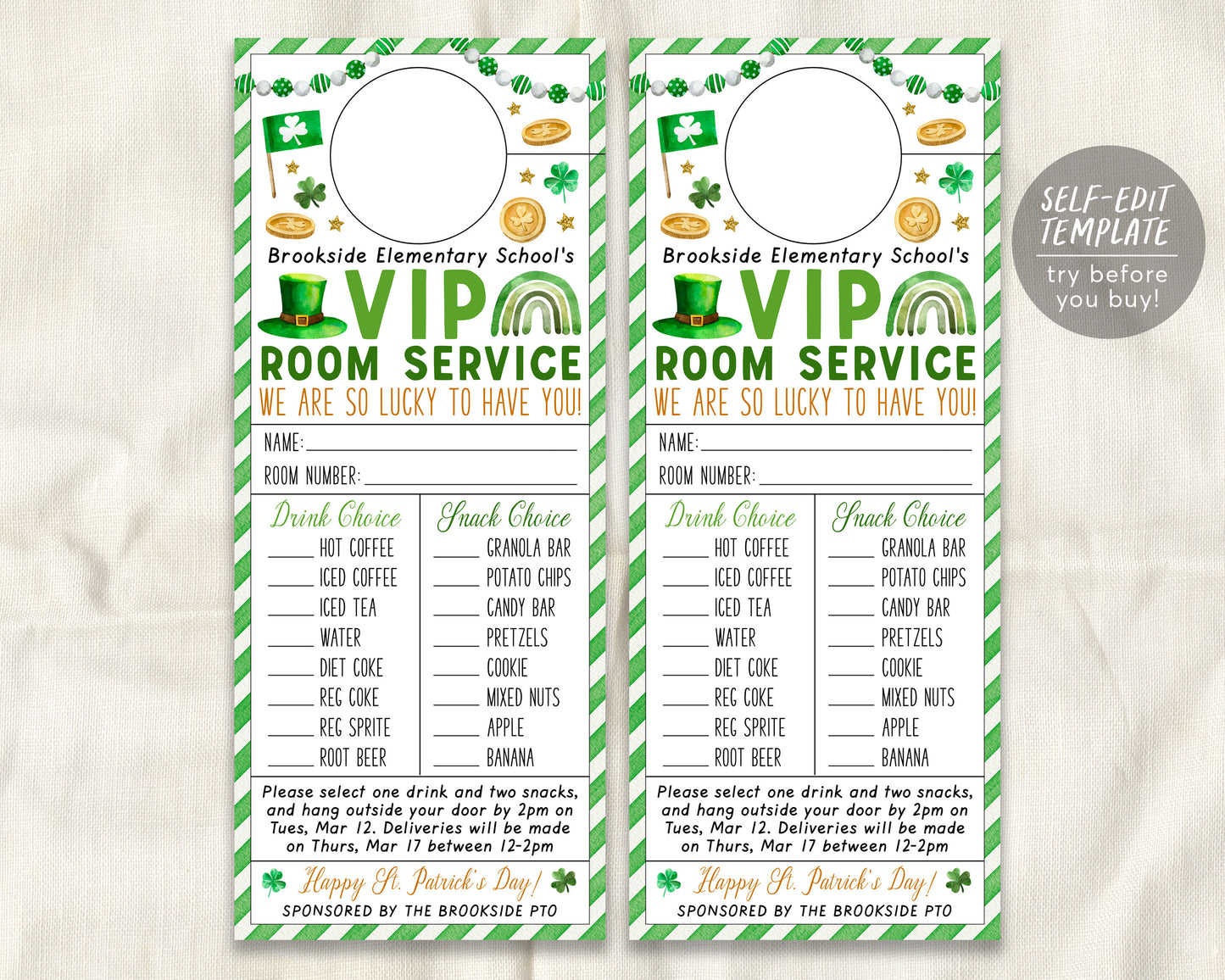 St. Patricks Day VIP Room Service Door Hanger Editable Template