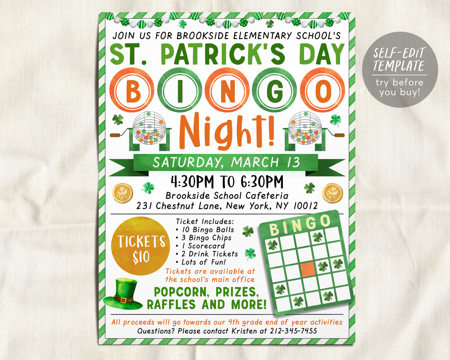 St Patrick's Day Bingo Night Fundraiser Flyer Editable Template