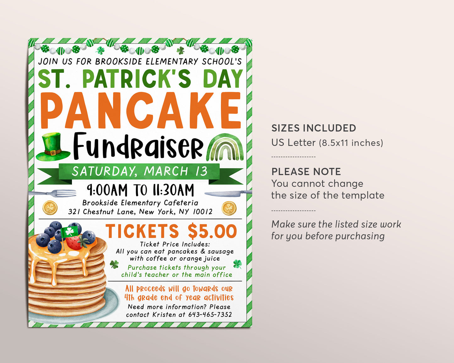 St Patricks Day Pancake Breakfast Fundraiser Flyer Editable Template, Saint Pattys Pancakes Brunch Event, PTA PTO School Nonprofit Church