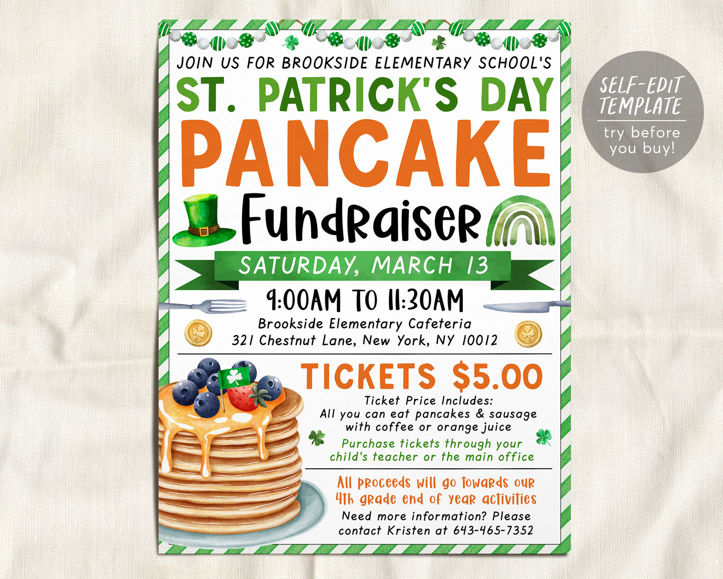 St Patricks Day Pancake Breakfast Fundraiser Flyer Editable Template