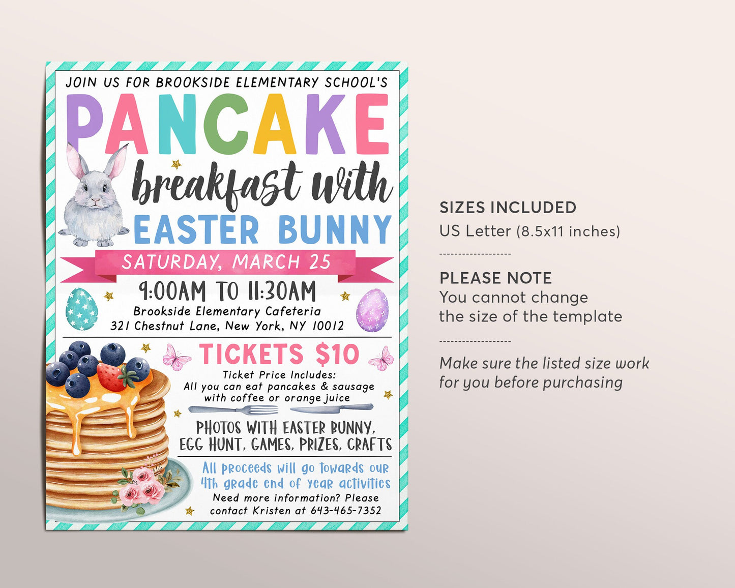 Breakfast with Easter Bunny Flyer Editable Template, Spring Brunch Pancakes Fundraiser Event Poster, School PTO PTA Church Charity Community