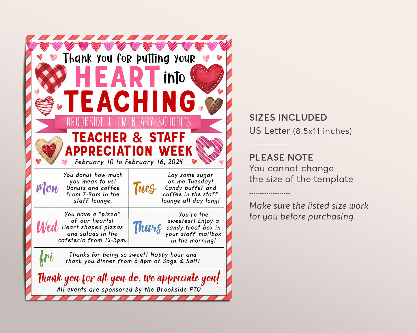 Valentine's Day Teacher Staff Appreciation Week Itinerary Flyer Editable Template, Heart Theme Schedule Events Newsletter Poster PTO PTA
