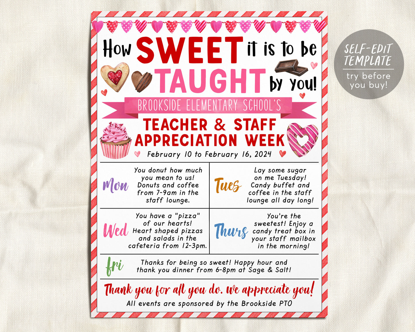Valentine's Day Teacher Staff Appreciation Week Itinerary Flyer Editable Template
