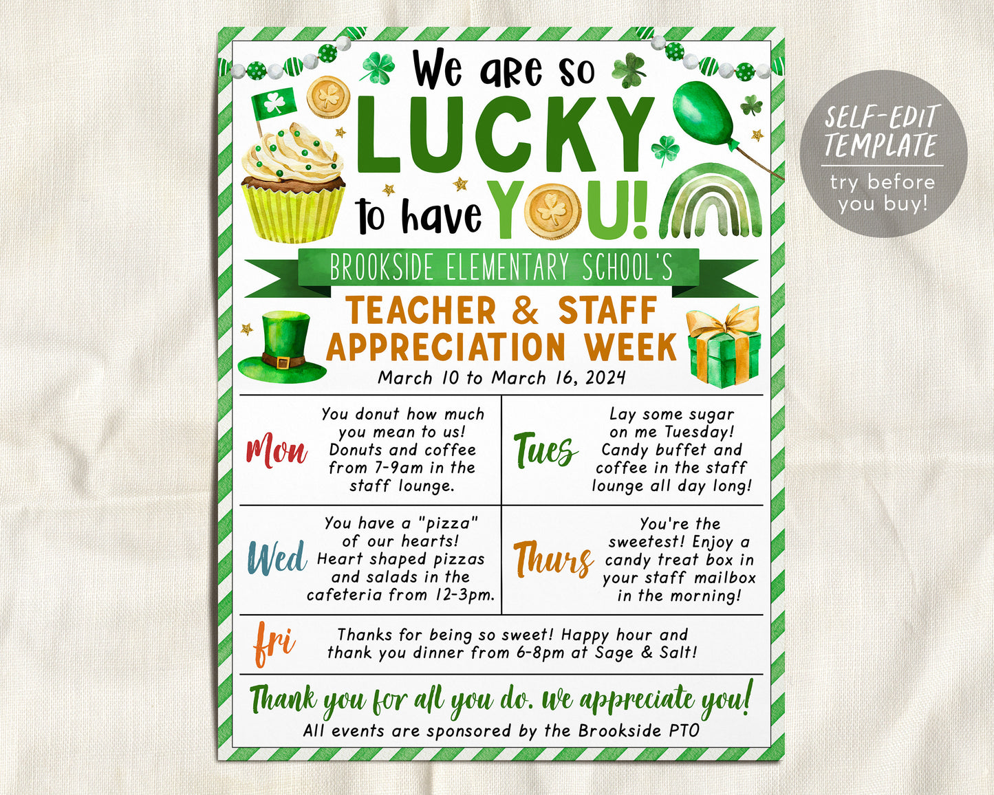 St Patrick&#39;s  Teacher Staff Appreciation Week Itinerary Flyer Editable Template