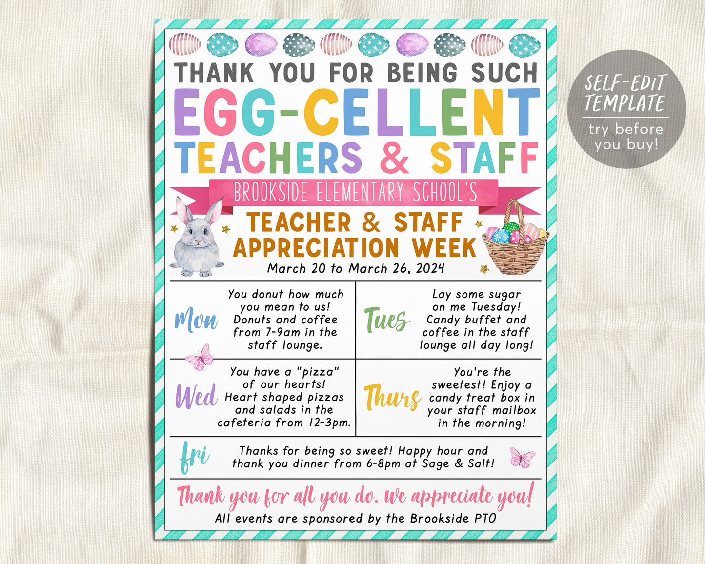 Easter Theme Teacher Staff Appreciation Week Itinerary Flyer Editable Template, Egg-cellent Spring Theme Schedule Newsletter Poster PTO PTA
