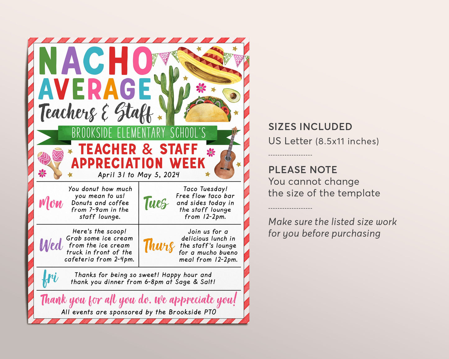 Nacho Average Teacher Appreciation Week Schedule Editable Template, Fiesta Mexican Itinerary Schedule Newsletter PTO PTA Staff Luncheon