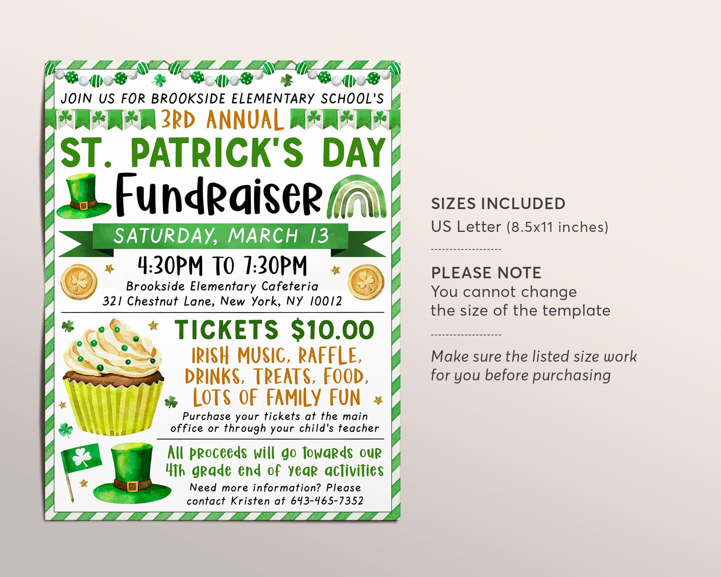 St. Patricks Day Fundraiser Flyer Editable Template, Saint Pattys Day School Spring Event Charity Non Profit Event School PTA PTO Church