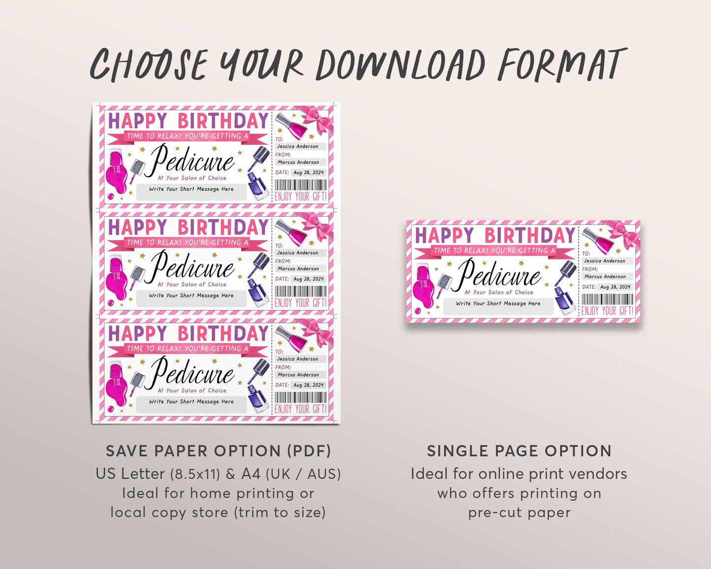 Pedicure Ticket Editable Template, Birthday Surprise Mani Pedi Gift Certificate, Nail Salon Spa Voucher Coupon Holiday Reveal Printable DIY